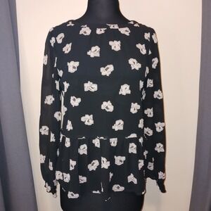 LOFT Black Floral Peplum Long Sheer Sleeve Lined Blouse Top S